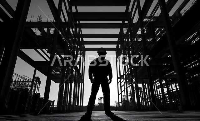 إنشاء الأساسات والهياكل للمشروعات السكنية والمصانع، الإشراف على سير خطة العمل,  أعمال البناء والمقاولات والتطوير العقاري، تشييد المباني والمشاريع الضخمة، مهن ووظائف هندسية، صورة ظلية بالابيض والاسود  لمهندس عربي خليجي سعودي يعمل في موقع البناء