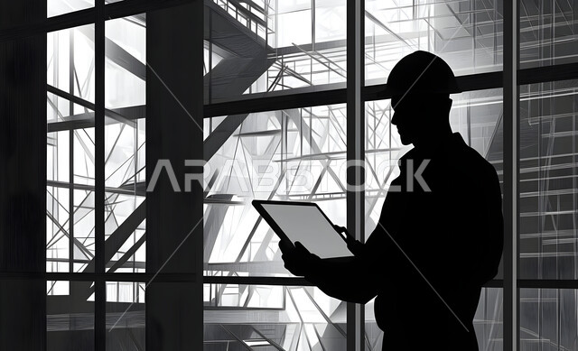 Creating foundations and structures for residential projects and factories, supervising the progress of the work plan, construction, contracting and real estate development work, construction of buildings and huge projects, engineering professions and jobs, a black and white silhouette from the back of a Saudi Gulf Arab engineer at the work site
