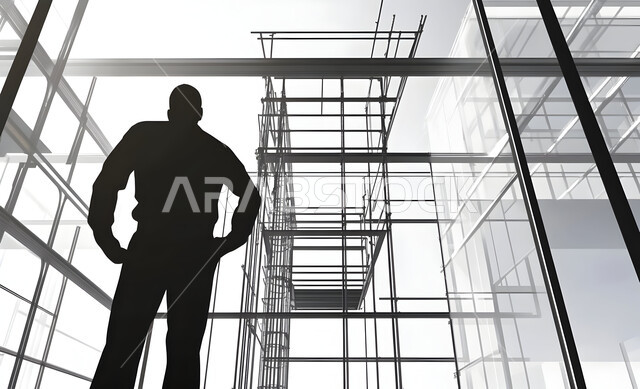 Creating foundations and structures for residential projects and factories, supervising the progress of the work plan, construction, contracting and real estate development work, construction of buildings and huge projects, engineering professions and jobs, a black and white silhouette from the back of a Saudi Gulf Arab engineer at the work site