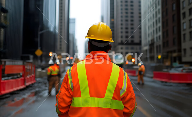 تطور ونمو القطاع الهندسي في المملكة، الاشراف على المشاريع في موقع العمل، صورة من الخلف لمهندس مدني شاب عربي خليجي سعودي يرتدي سترة وخوذة الحماية، مهن ووظائف هندسية سعودية