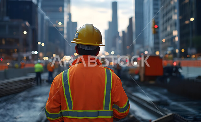 Development and growth of the engineering sector in the Kingdom, supervising projects on the work site, a picture from the back of a young Saudi Arabian Gulf civil engineer wearing a protective jacket and helmet, Saudi engineering professions and jobs