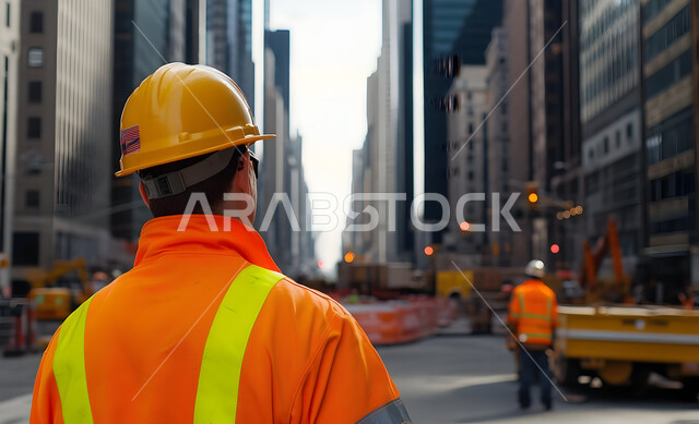 تطور ونمو القطاع الهندسي في المملكة، الاشراف على المشاريع في موقع العمل، صورة من الخلف لمهندس مدني شاب عربي خليجي سعودي يرتدي سترة وخوذة الحماية، مهن ووظائف هندسية سعودية