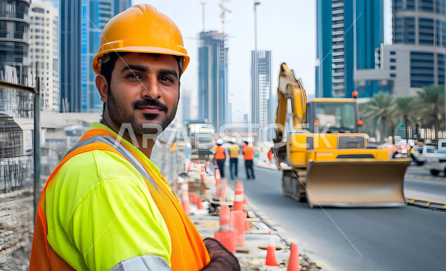 Development and growth of the engineering sector in the Kingdom, supervising projects on the work site, a picture of a young Saudi Arabian Gulf civil engineer wearing a protective jacket and helmet, Saudi engineering professions and jobs