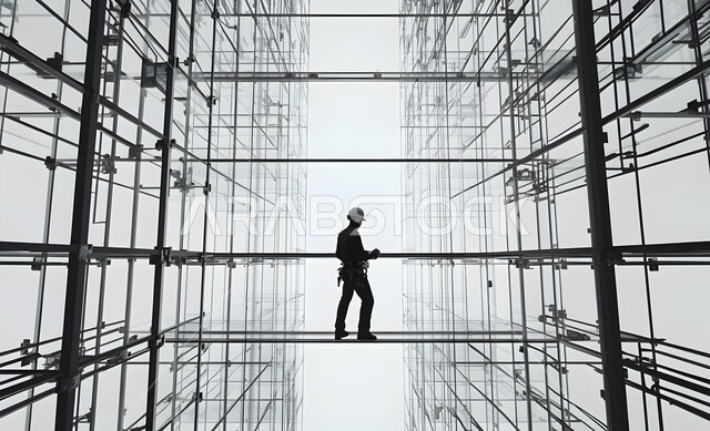 Creating foundations and structures for residential projects and factories, supervising the progress of the work plan, construction, contracting and real estate development work, construction of buildings and huge projects, engineering professions and jobs, a black and white silhouette from the side of a Saudi Gulf Arab engineer at the work site