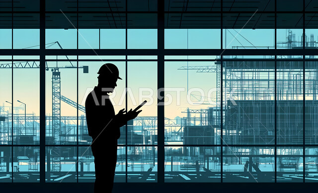 Integrating technology into work, creating foundations and structures for residential projects and factories, supervising the progress of the work plan, construction, contracting and real estate development work, construction of buildings and huge projects, engineering professions and jobs, a black and white silhouette from the side of a Saudi Gulf Arab engineer beautifying a tablet