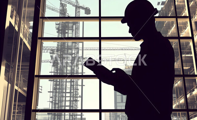 دمج التقنية في العمل, إنشاء الأساسات والهياكل للمشروعات السكنية والمصانع، الإشراف على سير خطة العمل,  أعمال البناء والمقاولات والتطوير العقاري، تشييد المباني والمشاريع الضخمة، مهن ووظائف هندسية، صورة ظلية من الجانب بالابيض والاسود  لمهندس عربي خليجي سعودي يجمل تابليت