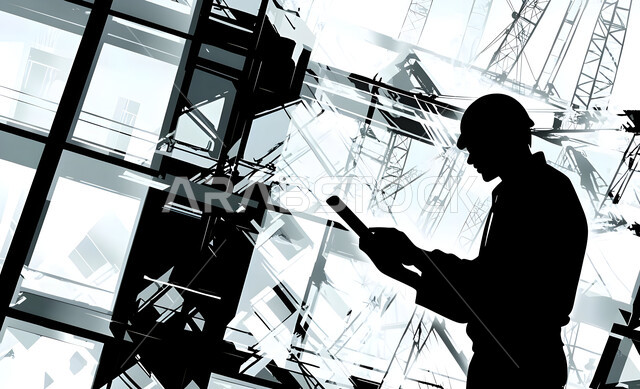Integrating technology into work, creating foundations and structures for residential projects and factories, supervising the progress of the work plan, construction, contracting and real estate development work, construction of buildings and huge projects, engineering professions and jobs, a black and white illustration from the side of a Saudi Gulf Arab engineer beautifying a tablet