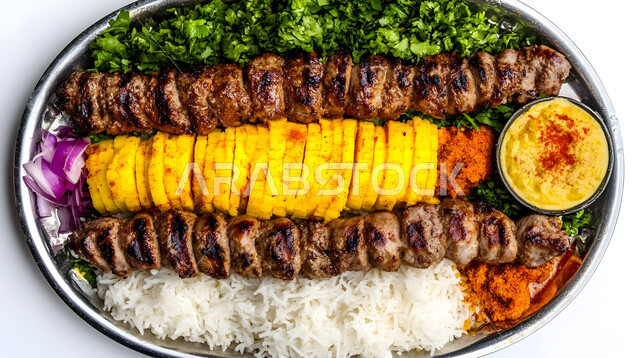 أطباق الباربكيو الشهية، طبق من اللحم المشوي مع المقبلات والخضراوات الطازجة، مطاعم الشواء في المملكة العربية السعودية، وجبات الطعام اللذيذة الصحية، مأكولات وأصناف عربية شرقية، خلفية بيضاء