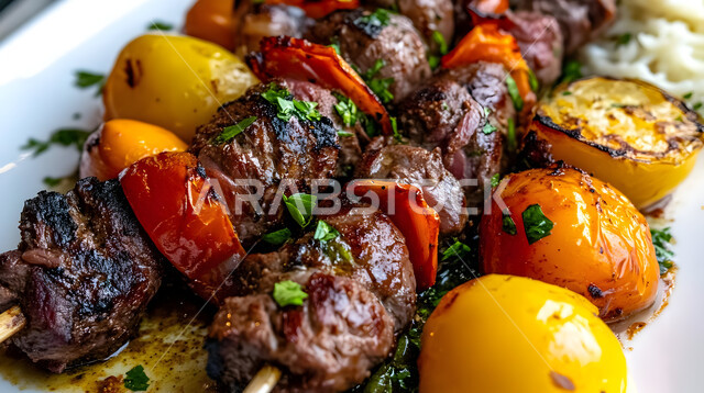 أطباق الباربكيو الشهية، طبق من اللحم المشوي مع المقبلات والخضراوات الطازجة، مطاعم الشواء في المملكة العربية السعودية، وجبات الطعام اللذيذة الصحية، مأكولات وأصناف عربية شرقية، خلفية بيضاء