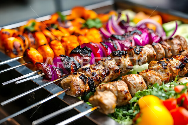 أطباق الباربكيو الشهية، طبق من اللحم المشوي مع المقبلات والخضراوات الطازجة، مطاعم الشواء في المملكة العربية السعودية، وجبات الطعام اللذيذة الصحية، مأكولات وأصناف عربية شرقية