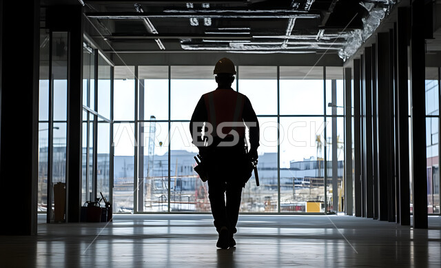Creating foundations and structures for residential projects and factories, supervising the progress of the work plan, construction, contracting and real estate development work, construction of buildings and huge projects, engineering professions and jobs, a black and white silhouette from the back of a Saudi Gulf Arab engineer at the work site