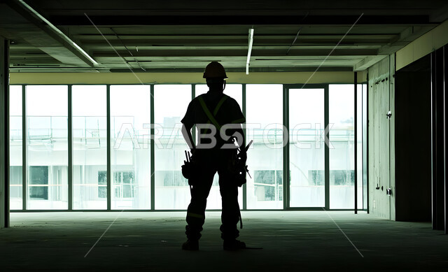 Creating foundations and structures for residential projects and factories, supervising the progress of the work plan, construction, contracting and real estate development work, construction of buildings and huge projects, engineering professions and jobs, a black and white silhouette from the back of a Saudi Gulf Arab engineer at the work site