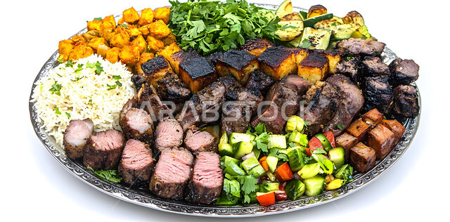 High nutritional value meal, Oriental Arabic food restaurants, close-up of a plate of grilled meat, Saudi cuisine recipes rich in distinctive flavors, protein-rich foods, white background