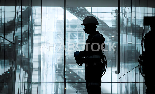 عمال البناء والمقاولات والتطوير العقاري، إنشاء الأساسات والهياكل للمشروعات السكنية والمصانع، الإشراف على سير خطة العمل, تشييد المباني والمشاريع الضخمة، مهن ووظائف هندسية، صورة ظلية من الجانب بالابيض والاسود  لمهندس عربي خليجي سعودي في موقع العمل