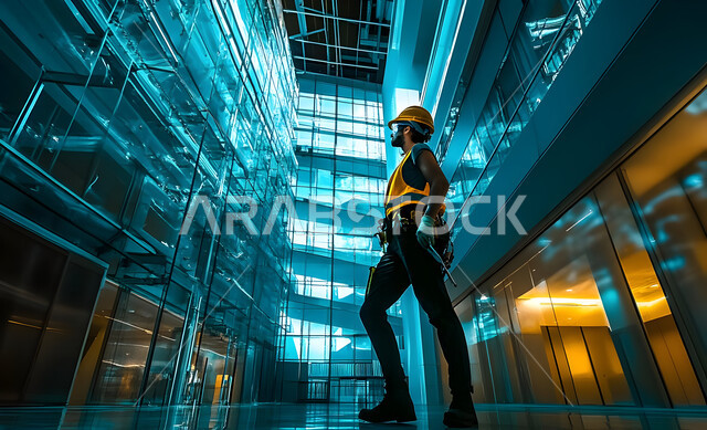 الإشراف على سير خطة العمل, عمال البناء والمقاولات والتطوير العقاري، إنشاء الأساسات والهياكل للمشروعات السكنية والمصانع، تشييد المباني والمشاريع الضخمة، مهن ووظائف هندسية، صورة من الجانب  لمهندس عربي خليجي سعودي يرتدي خوذة الحماية ويقف في موقع العمل