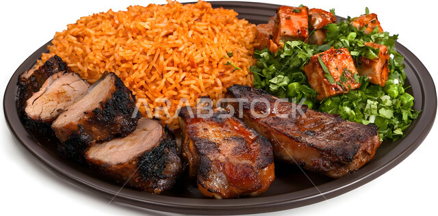 ولائم وأطباق عربية تقليدية شعبية، طبق من أرز الكبسة مع قطع اللحم المزين بالفلفل و البقدونس، وصفات الطعام الشهية، المأكولات والوجبات الشرقية، مطابخ ومطاعم المملكة العربية السعودية