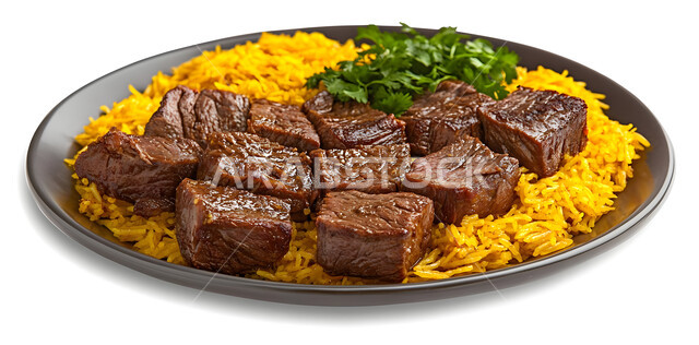 ولائم وأطباق عربية تقليدية شعبية، طبق من أرز الكبسة مع قطع اللحم المزين بالفلفل و البقدونس، وصفات الطعام الشهية، المأكولات والوجبات الشرقية، مطابخ ومطاعم المملكة العربية السعودية