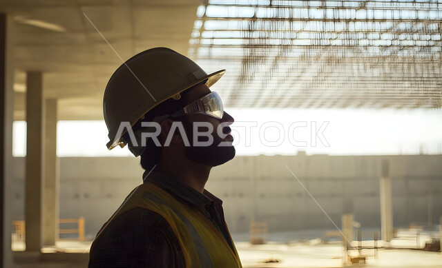 Supervising the progress of the work plan, construction, contracting and real estate development workers, creating foundations and structures for residential projects and factories, construction of buildings and huge projects, engineering professions and jobs, close-up photo from the side of a Saudi Gulf Arab engineer wearing a protection helmet and jacket standing at the work site