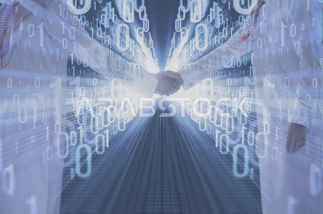 A close-up of two Saudi Arabian Gulf men shaking hands in front of a group of hologram programming languages, codes and algorithms, techniques and a computer