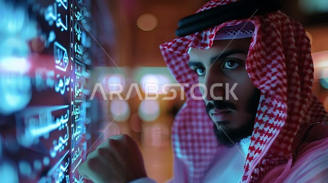 مراقبة الرسوم البيانيه الهولوجراميه على الشاشة الالكترونيه المضيئه، سوق البورصة العالمية، تداول العملة الرقمية، دمج التكنولوجيا المتطورة مع العمل، صورة مقربة لرجل أعمال عربي خليجي سعودي يرتدي الثوب التقليدي والشماغ ينظر الى شيء ما