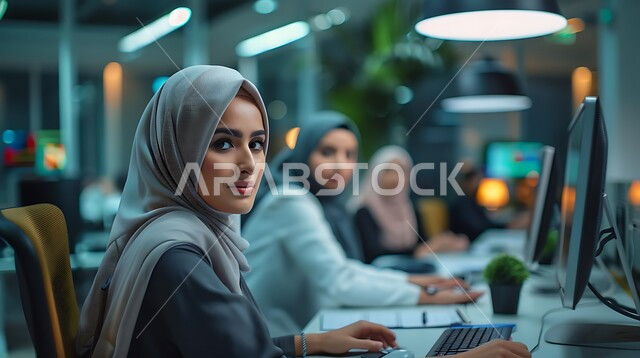 مهن ووظائف ادارية مكتبية, استخدام الأجهزة التكنولوجية الحديثة والمتطورة، إدارة شؤون الأعمال وتنظيمها، صورة لسيدات عربية خليجية سعودية يعملون على الحاسوب داخل الشركة، العمل لتحقيق الاهداف والاستراتيجيات، النظر الى الكاميرا بايماءات السرور
