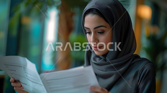 انجاز المهام وتحقيق الاهداف، مراجعة الأوراق والبيانات، ملفات ووثائق خاصة بالعمل، تنظيم وادارة الأعمال، صورة لإمرأة عربية خليجية سعودية مححبة  تقوم بمتابعة المعلومات بايماءات التركيز والاندماج، مهن ووظائف سعودية نسائية