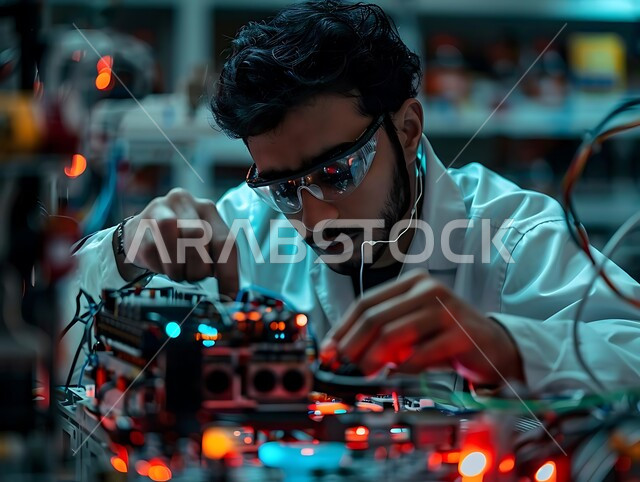  اتباع اجراءات السلامة، المعدات و الالات في المصنع, العمل في القطاع الهندسي الصناعي، أعمال ومهن هندسية شبابية، صورة مقربة لمهندس عربي خليجي سعودي يرتدي نظارة الحماية يقوم بأعمال الإصلاح والصيانة، معامل ومصانع سعودية