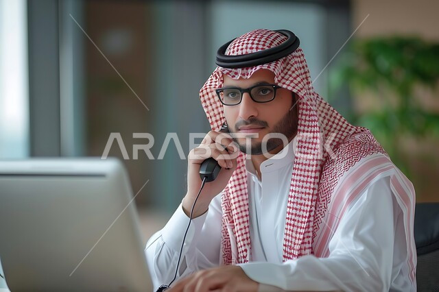 استخدام التقنيات الحديثة، صورة مقربة لرجل عربي خليجي سعودي يرتدي الثوب التقليدي والشماغ يعمل في الدعم الفني وخدمة العملاء، ارتداء سماعة الاتصال للإجابة عن الاستعلامات والاستفسارات، زيادة مستوى رضا العميل