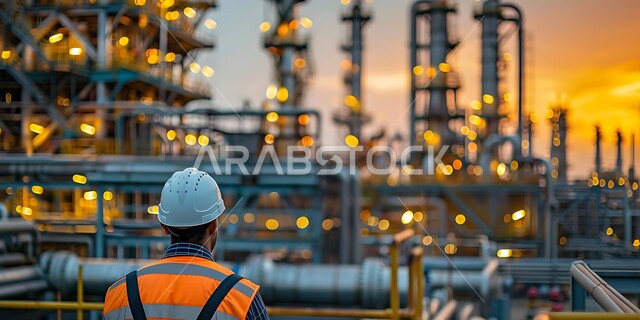 صناعات ومشاريع بيتروكيماوية, العمل في مجال هندسة البترول, صورة من الخلف لمهندس عربي خليجي سعودي يرتدي الخوذة وسترة الحماية يقوم بتقييم جودة المصانع النفطية في المملكة العربية السعودية, مصنع تكرير النفط والغاز في المنطقة الصناعية وقت الغروب