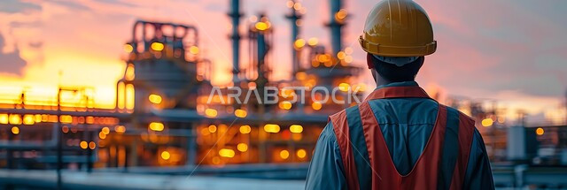 صناعات ومشاريع بيتروكيماوية, العمل في مجال هندسة البترول, صورة من الخلف لمهندس عربي خليجي سعودي يرتدي الخوذة وسترة الحماية يقوم بتقييم جودة المصانع النفطية في المملكة العربية السعودية, مصنع تكرير النفط والغاز في المنطقة الصناعية وقت الغروب