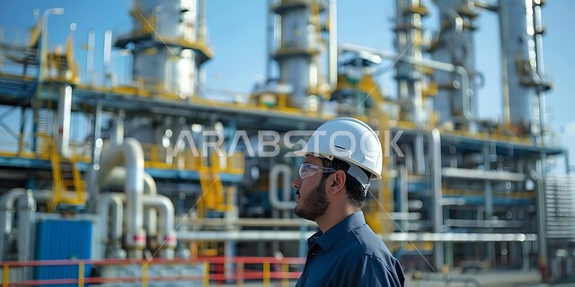 العمل في مجال هندسة البترول, صورة من الجانب لمهندس عربي خليجي سعودي يرتدي الخوذة ونظارات الحماية يقوم بتقييم جودة المصانع النفطية في المملكة العربية السعودية, مصنع تكرير النفط والغاز في المنطقة الصناعية، صناعات ومشاريع بيتروكيماوية