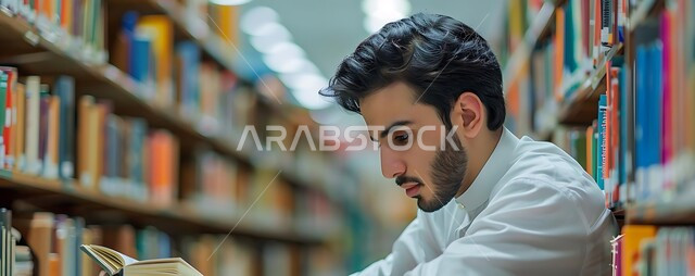 التزود بالعلم والمعرفة، قضاء وقت الفراغ بالتثقيف والتعلم، ممارسة هواية المطالعة, رجل عربي سعودي خليجي يرتدي الثوب التقليدي يجلس داخل المكتبة ويقم بقراءة كتاب بايماءات الاندماج، الكتب و الروايات على الرفوف، أماكن هادئة و مريحة للدراسة