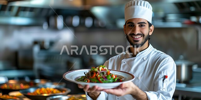 فنون الطهي ومهارات تقديم الطعام، صورة مقربة لطباخ عربي خليجي سعودي يقوم بتحضير الوصفات الصحية، أطباق الخضروات الطازجة المليئة بالفيتامينات، إعداد أطعمة وسلطات مفيدة  في مطابخ ومطاعم المملكة العربية السعودية