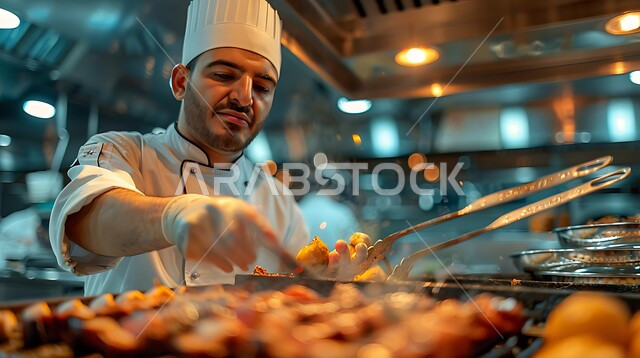 إعداد الطعام في مطابخ و مطاعم المملكة العربية السعودية، وجبة ذات قيمة غذائية عالية، فنون ومهارات الإبتكار، صورة مقربة لطباخ عربي خليجي سعودي يرتدي الزي الرسمي الخاص بمزاولة المهنة يقوم بتحضير المشاوي