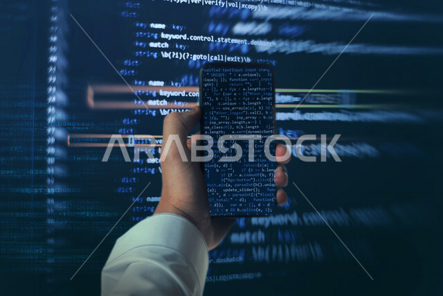 Hand image of a young Saudi Gulf working as a web developer, using programming languages, developing and building websites and electronic applications, programming codes to build smart phone applications