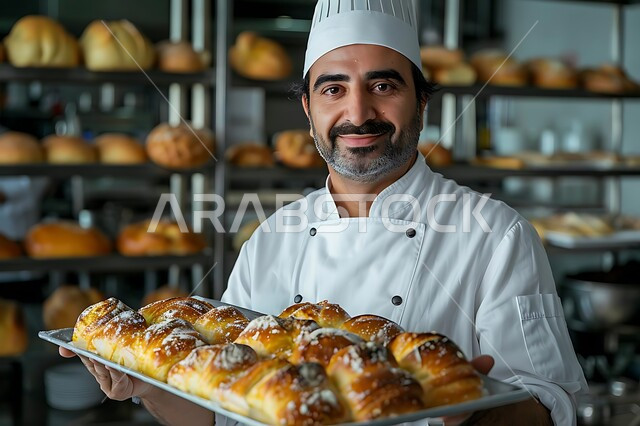  مجموعة من المعجنات الشهية والسريعة بأطعمة متنوعة، صورة مقربة لشيف عربي خليجي سعودي يقوم بالعمل داخل المطبخ، فطائر محشية بمختلف المكونات الغنية بالنكهات، مطاعم للمأكولات العربية الشرقية في المملكة العربية السعودية، مخبوزات شعبية طازجة