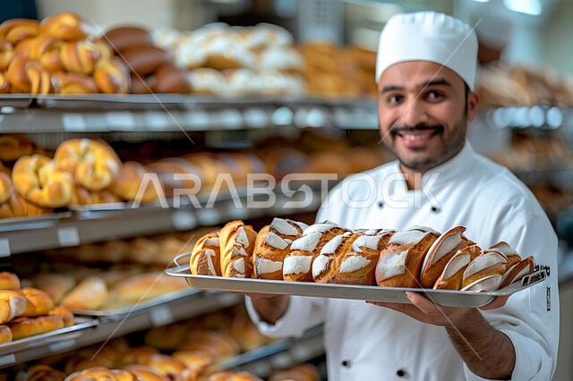  مجموعة من المعجنات الشهية والسريعة بأطعمة متنوعة، صورة مقربة لشيف عربي خليجي سعودي يقوم بالعمل داخل المطبخ، فطائر محشية بمختلف المكونات الغنية بالنكهات، مطاعم للمأكولات العربية الشرقية في المملكة العربية السعودية، مخبوزات شعبية طازجة