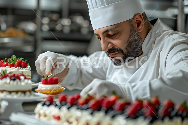 فن الطهي والخبز وإعداد الحلويات, المأكولات العربية الشعبية, حلويات من المطبخ السعودي ،صورة مقربة لشيف عربي خليجي سعودي يرتدي زي الطهاة ويقوم بتجضير وصفات الحلا الشرقية المميزة 