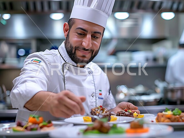 فن الطهي والخبز وإعداد الحلويات, المأكولات العربية الشعبية, حلويات من المطبخ السعودي ،صورة مقربة لشيف عربي خليجي سعودي يرتدي زي الطهاة ويقوم بتجضير وصفات الحلا الشرقية المميزة 