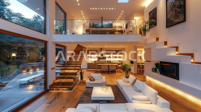 الديكورات الداخلية للفلل والشقق السكنية في المملكة العربية السعودية, غرفة معيشة مع آثاث منزلي فاخر, اكسسوارات وتحف عصرية، التصاميم الأنيقة لغرف الجلوس المريحة على الطراز الحديث, الواجهات الزجاجية الكبيرة