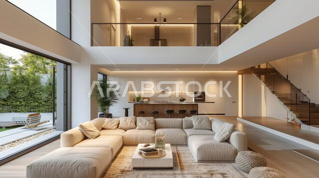 الديكورات الداخلية للفلل والشقق السكنية في المملكة العربية السعودية, غرفة معيشة مع آثاث منزلي فاخر, اكسسوارات وتحف عصرية، التصاميم الأنيقة لغرف الجلوس المريحة على الطراز الحديث, الواجهات الزجاجية الكبيرة