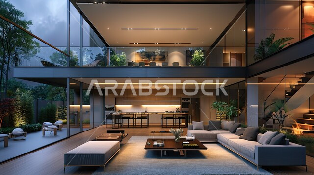 الديكورات الداخلية للفلل والشقق السكنية في المملكة العربية السعودية, غرفة معيشة مع آثاث منزلي فاخر, اكسسوارات وتحف عصرية، التصاميم الأنيقة لغرف الجلوس المريحة على الطراز الحديث, الواجهات الزجاجية الكبيرة