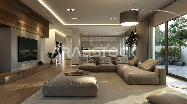 الديكورات الداخلية للفلل والشقق السكنية في المملكة العربية السعودية, غرفة معيشة مع آثاث منزلي فاخر, اكسسوارات وتحف عصرية، التصاميم الأنيقة لغرف الجلوس المريحة على الطراز الحديث, الواجهات الزجاجية الكبيرة