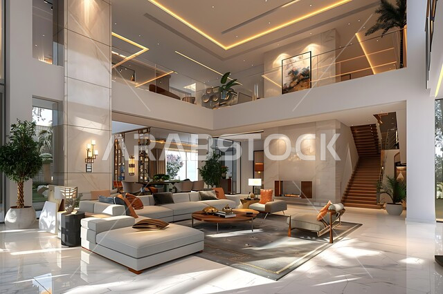 اكسسوارات وتحف عصرية، التصاميم الأنيقة لغرف الجلوس المريحة على الطراز الحديث, الواجهات الزجاجية الكبيرة، الديكورات الداخلية للفلل والشقق السكنية في المملكة العربية السعودية، غرفة معيشة مع آثاث منزلي فاخر