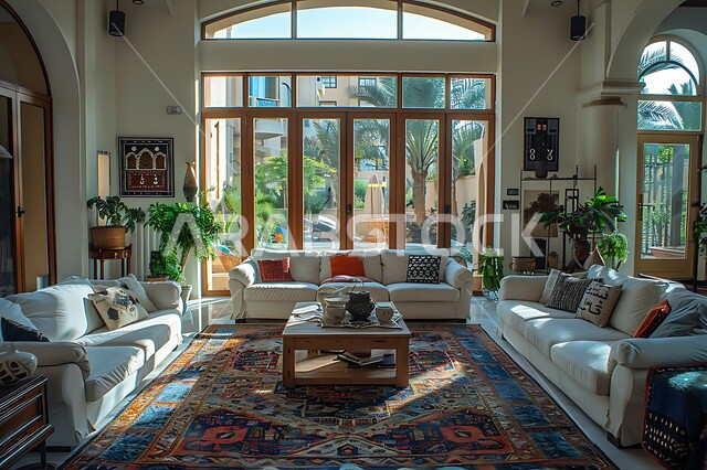 اكسسوارات وتحف عصرية، التصاميم الأنيقة لغرف الجلوس المريحة على الطراز الحديث, الواجهات الزجاجية الكبيرة، الديكورات الداخلية للفلل والشقق السكنية في المملكة العربية السعودية، غرفة معيشة مع آثاث منزلي فاخر