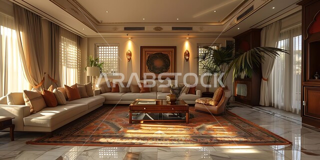 اكسسوارات وتحف عصرية، التصاميم الأنيقة لغرف الجلوس المريحة على الطراز الحديث, الواجهات الزجاجية الكبيرة، الديكورات الداخلية للفلل والشقق السكنية في المملكة العربية السعودية، غرفة معيشة مع آثاث منزلي فاخر