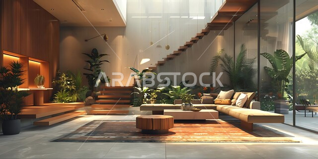 اكسسوارات وتحف عصرية، التصاميم الأنيقة لغرف الجلوس المريحة على الطراز الحديث, الواجهات الزجاجية الكبيرة، الديكورات الداخلية للفلل والشقق السكنية في المملكة العربية السعودية، غرفة معيشة مع آثاث منزلي فاخر