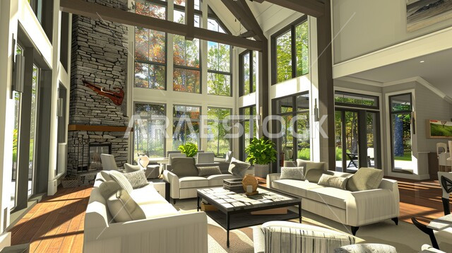 تحف واكسسوارات عصرية مميزة، التصاميم الأنيقة لغرف الجلوس المريحة على الطراز الحديث الواجهات والنوافذ الزجاجية الكبيرة، الديكورات الداخلية للفلل والشقق السكنية في المملكة العربية السعودية، غرفة معيشة مع آثاث منزلي فاخر 