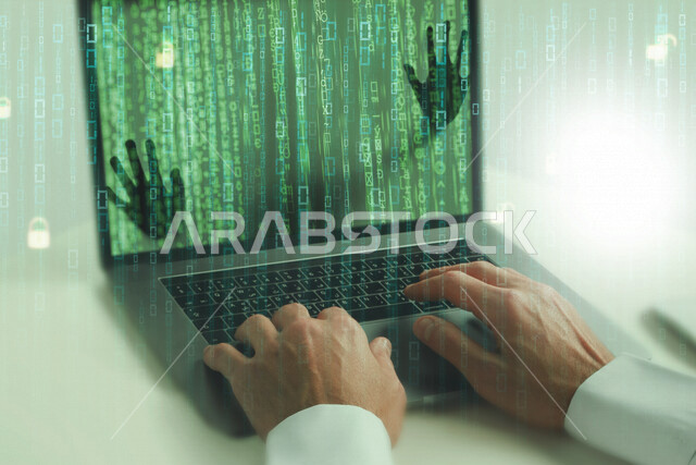 A young Saudi Gulf working as a web developer, using programming languages, developing and building websites and electronic applications, codes and algorithms, and computer technologies