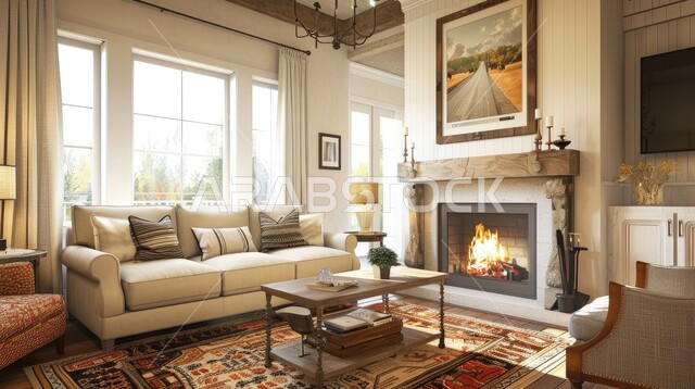 تحف واكسسوارات عصرية مميزة، التصاميم الأنيقة لغرف الجلوس المريحة على الطراز الحديث الواجهات والنوافذ الزجاجية الكبيرة، الديكورات الداخلية للفلل والشقق السكنية في المملكة العربية السعودية، غرفة معيشة مع آثاث منزلي فاخر 